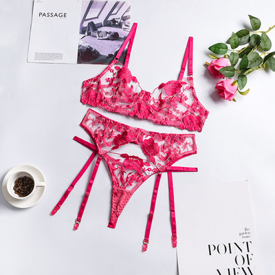 GIOIO Broderie Lenjerie de corp Transparent Set Sutien Chiloți Femei Bandaj Lenjerie Dantela 3 buc Cupă Deschisă Tanga Transparentă Cosplay Floral