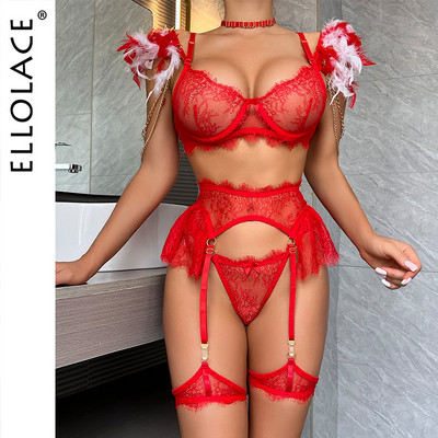 Ellolace spalvu apakšveļa iedomātā eleganta apakšveļa krūšturis Wirh garīgā ķēde Sexy Custome Uncensord volāniem prievītes 4-daļīgs mežģīnes intīmas
