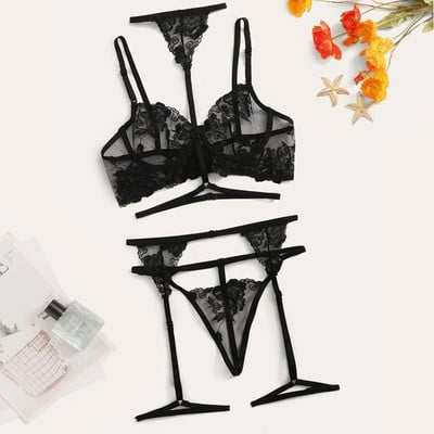 femeie dantelă cu flori jartieră și tanga sutien sexy set de lenjerie intima ultrasubțire set sutien transparent broderie lenjerie sutien