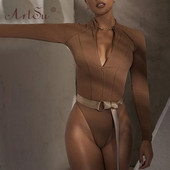 ArtSu Ženski kombinezon s prednjim patentnim zatvaračem, ležerni bodi s okruglim izrezom, dugih rukava, uski, plavi rastezljivi kombinezon s kratkim rukavima, jesenska ulična odjeća