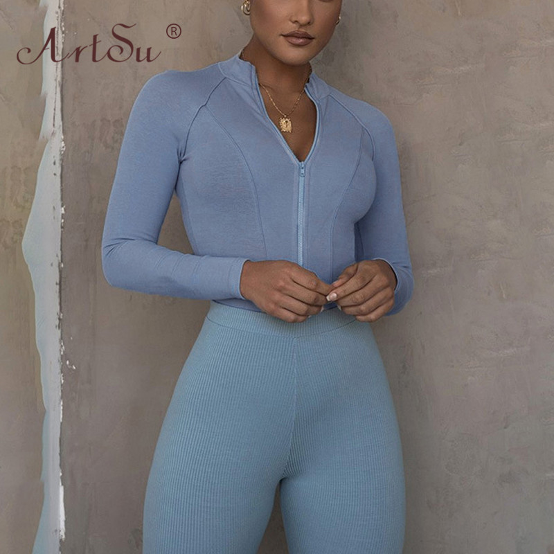 ArtSu Ženski kombinezon s prednjim patentnim zatvaračem, ležerni bodi s okruglim izrezom, dugih rukava, uski, plavi rastezljivi kombinezon s kratkim rukavima, jesenska ulična odjeća