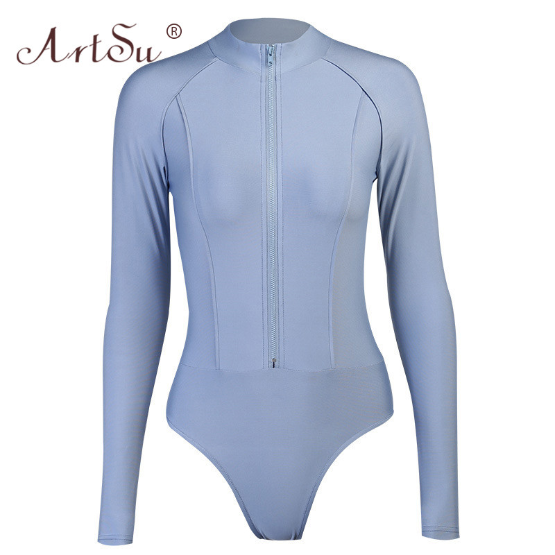 ArtSu Ženski kombinezon s prednjim patentnim zatvaračem, ležerni bodi s okruglim izrezom, dugih rukava, uski, plavi rastezljivi kombinezon s kratkim rukavima, jesenska ulična odjeća