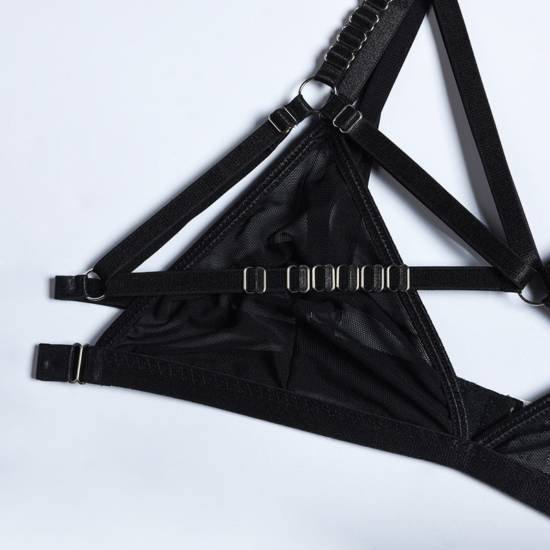 Yimunancy 3-osaline võrkrinnahoidjakomplekt Gooti naiste läbipaistev Choker Bandage pesukomplekt Must seksikas aluspesukomplekt