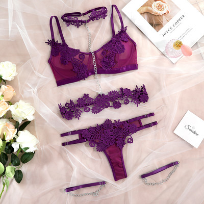 Set de lenjerie sexy Yimunancy 4 bucăți din dantelă exotică, set de lenjerie sexy, 8 culori, garnitură florală, set de jartieră scurtă