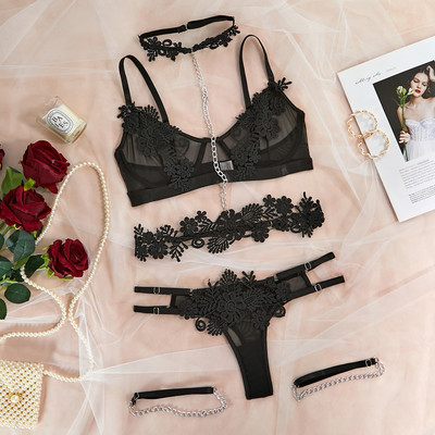 Set de lenjerie sexy Yimunancy 4 bucăți din dantelă exotică, set de lenjerie sexy, 8 culori, garnitură florală, set de jartieră scurtă