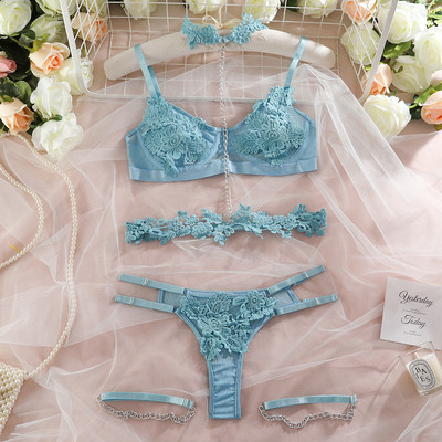 Set de lenjerie sexy Yimunancy 4 bucăți din dantelă exotică, set de lenjerie sexy, 8 culori, garnitură florală, set de jartieră scurtă