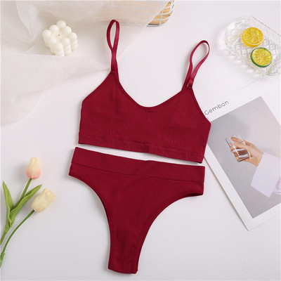 Set de sutien sexy de 2 buc. Lenjerie de corp fără sudură pentru femei Lenjerie de femeie Topuri cu nervuri Thong Chiloți cu talie înaltă Sutien extensibil Tank Crop Top
