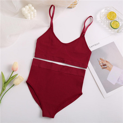 Set de sutien sexy de 2 buc. Lenjerie de corp fără sudură pentru femei Lenjerie de femeie Topuri cu nervuri Thong Chiloți cu talie înaltă Sutien extensibil Tank Crop Top