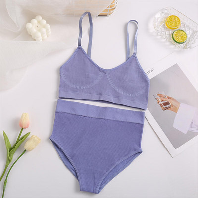 Set de sutien sexy de 2 buc. Lenjerie de corp fără sudură pentru femei Lenjerie de femeie Topuri cu nervuri Thong Chiloți cu talie înaltă Sutien extensibil Tank Crop Top