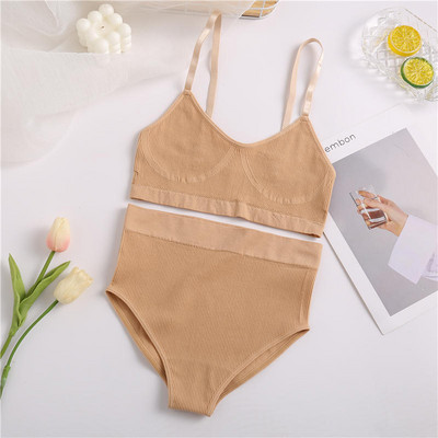Set de sutien sexy de 2 buc. Lenjerie de corp fără sudură pentru femei Lenjerie de femeie Topuri cu nervuri Thong Chiloți cu talie înaltă Sutien extensibil Tank Crop Top