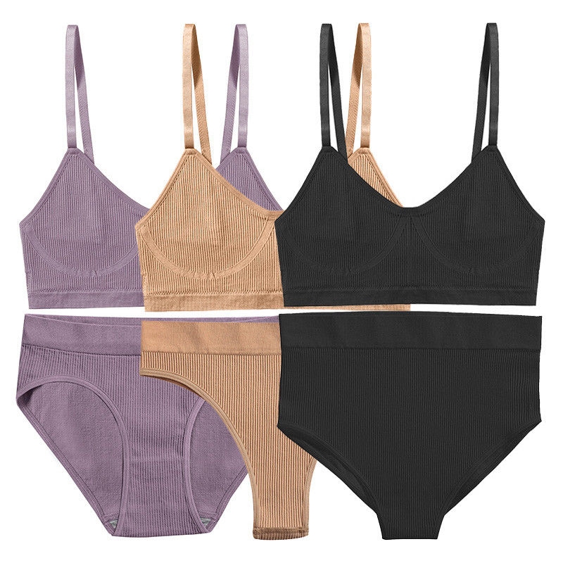 Set de sutien sexy de 2 buc. Lenjerie de corp fără sudură pentru femei Lenjerie de femeie Topuri cu nervuri Thong Chiloți cu talie înaltă Sutien extensibil Tank Crop Top