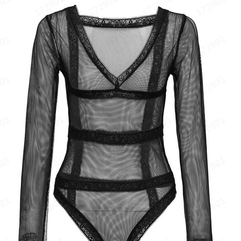 Body cu mânecă lungă din plasă, sexy, transparent, 2020