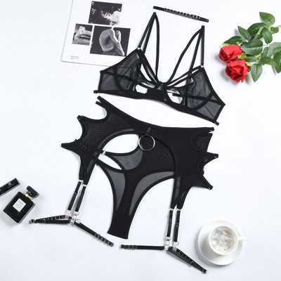 MeiKeDai Lenjerie sexy Sutien decupat Set de slip erotic 5 piese Lenjerie de corp senzuală Fantastică Jartiere G-Strings Tanga Set exotic din dantelă