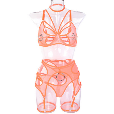 MeiKeDai Lenjerie sexy Sutien decupat Set de slip erotic 5 piese Lenjerie de corp senzuală Fantastică Jartiere G-Strings Tanga Set exotic din dantelă