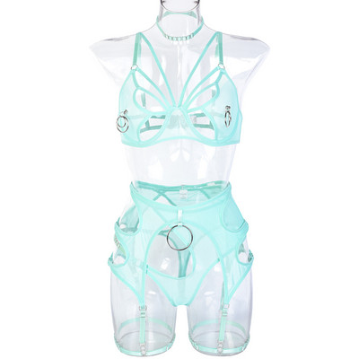 MeiKeDai Lenjerie sexy Sutien decupat Set de slip erotic 5 piese Lenjerie de corp senzuală Fantastică Jartiere G-Strings Tanga Set exotic din dantelă