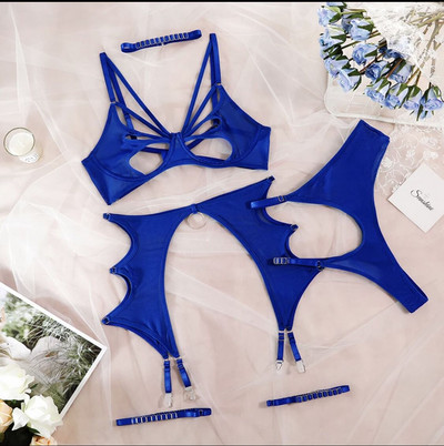 MeiKeDai Lenjerie sexy Sutien decupat Set de slip erotic 5 piese Lenjerie de corp senzuală Fantastică Jartiere G-Strings Tanga Set exotic din dantelă