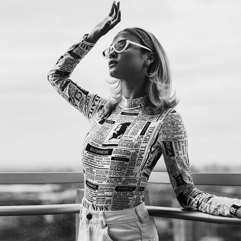 Body cu mânecă lungă cu gât înalt cu litere imprimeu sexy bodycon body la modă pentru femei 2019 primăvară toamnă