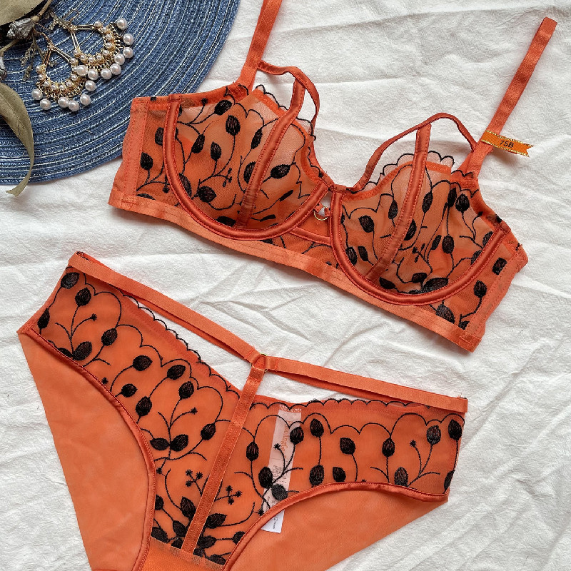 Lenjerie de corp transparentă ultra-subțire europeană americană pentru femei, sexy, cu frunze, broderie, sutien și chiloți franceză push-up