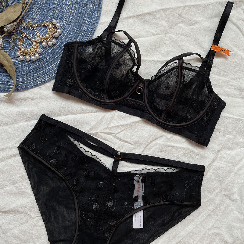 Lenjerie de corp transparentă ultra-subțire europeană americană pentru femei, sexy, cu frunze, broderie, sutien și chiloți franceză push-up