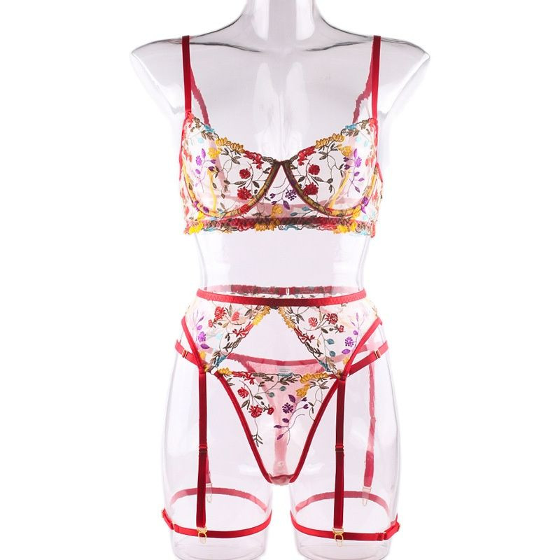 Εσώρουχα Αισθησιακά Δαντελένια Εσώρουχα Διαφανές Κέντημα 3 τεμαχίων Καλτσοδέτες Φανταχτά όμορφα κοντά κιτ περιποίησης δέρματος Intimate