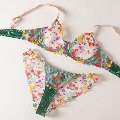 Seksikas rinnahoidja ja püksikute komplekt üliõhuke hingav pastoraalne lilleline merseriseeritud tulevane koondunud rinnahoidja püksid pesukostüüm