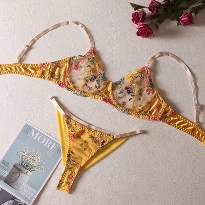 Seksikas rinnahoidja ja püksikute komplekt üliõhuke hingav pastoraalne lilleline merseriseeritud tulevane koondunud rinnahoidja püksid pesukostüüm