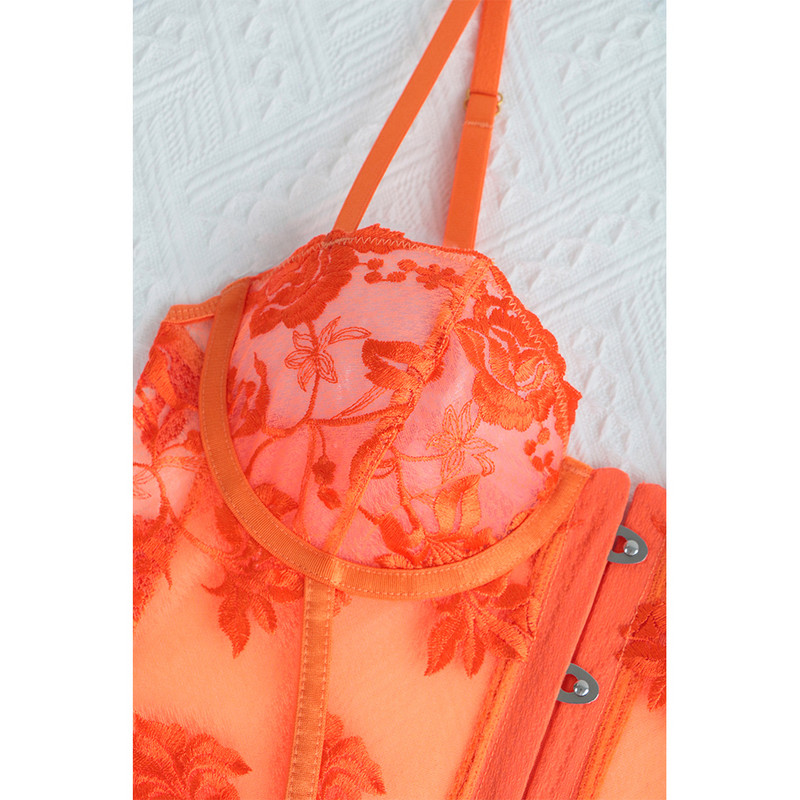 Ellolace korzet donje rublje Fancy čipkano donje rublje prozirni vez erotska odjeća tange fitness kopčanje sprijeda narančasto 2-dijelno