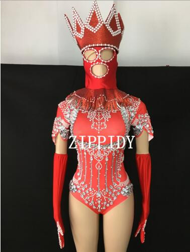 Γυαλιστερά κρύσταλλα ολόσωμη φόρμα διαμάντια, αστραφτερή στολή κεφαλής Σέξι στολή σκηνής Γυναικεία στολή Γενέθλια χορού