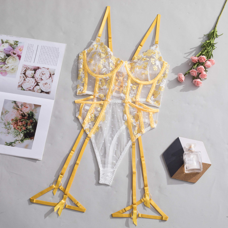 Ellolace κορμάκι με φλοράλ κέντημα δαντέλα σέξι κούφιο κορμάκι με επίδεσμο αμάνικο κορμάκι κάτω από σύρμα διαφανές κίτρινες μπλούζες