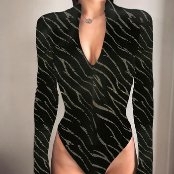 2019 есенна дамска мода, секси нов щампован цип с високо деколте и дълъг ръкав, плътен тънък ежедневен клубен парти къс гащеризон