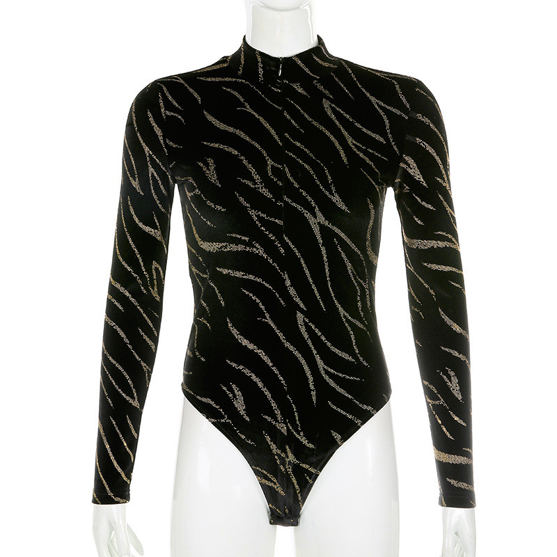 2019. aasta sügisene naiste mood, seksikas uus leekpunktiga trükkimine tõmblukk kõrge kaelusega pikkade varrukatega, õhuke vabaaja klubipeo lühike kombinesoon