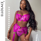 Ellolace Lenjerie fină Fancy Dantela 3 piese Costum de lux Lenjerie de corp sexy pentru femei Corp mov Set sutien și chiloți transparent