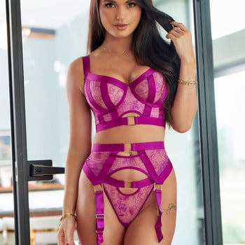 Ellolace Fine Lingerie Fancy Lace 3-Piece Luxury Costume Секси бельо Дамско тяло Лилаво Прозиращ сутиен и бикини Комплект