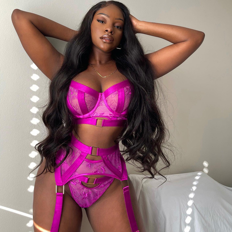 Ellolace Lenjerie fină Fancy Dantela 3 piese Costum de lux Lenjerie de corp sexy pentru femei Corp mov Set sutien și chiloți transparent