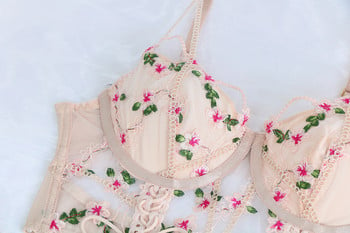 Ellolace Модно бельо Комплект секси бельо Дамски 2 части Fairy Floral Embroidery Delicate Brief Прозрачен сутиен с връзки Интимен