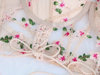 Ellolace Модно бельо Комплект секси бельо Дамски 2 части Fairy Floral Embroidery Delicate Brief Прозрачен сутиен с връзки Интимен