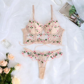 Ellolace Модно бельо Комплект секси бельо Дамски 2 части Fairy Floral Embroidery Delicate Brief Прозрачен сутиен с връзки Интимен