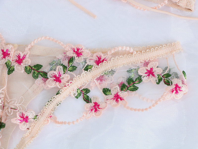 Ellolace Fancy Lenjerie Set de lenjerie sexy pentru femei 2 piese Zână Broderie florală Scurtă delicată cu dantelă Sutien transparent intim