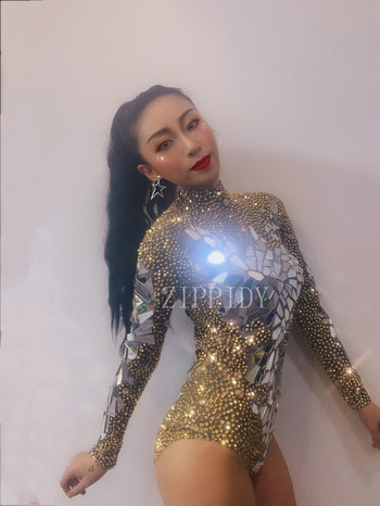 Блестящи златни кристали Мигащи огледала Боди Дамско облекло за празнуване на бала Вечерно DJ Женско танцово шоу Секси дрехи
