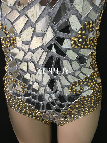 Блестящи златни кристали Мигащи огледала Боди Дамско облекло за празнуване на бала Вечерно DJ Женско танцово шоу Секси дрехи