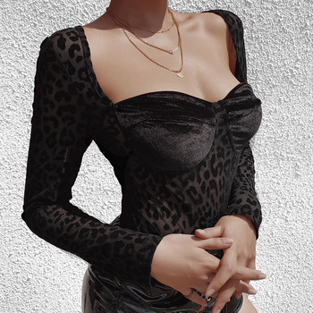 AVV 2019 Есенна дамска мода Секси мрежести бодита с леопардови шевове Пуловер с квадратна яка и дълъг ръкав Тънки къси гащеризони