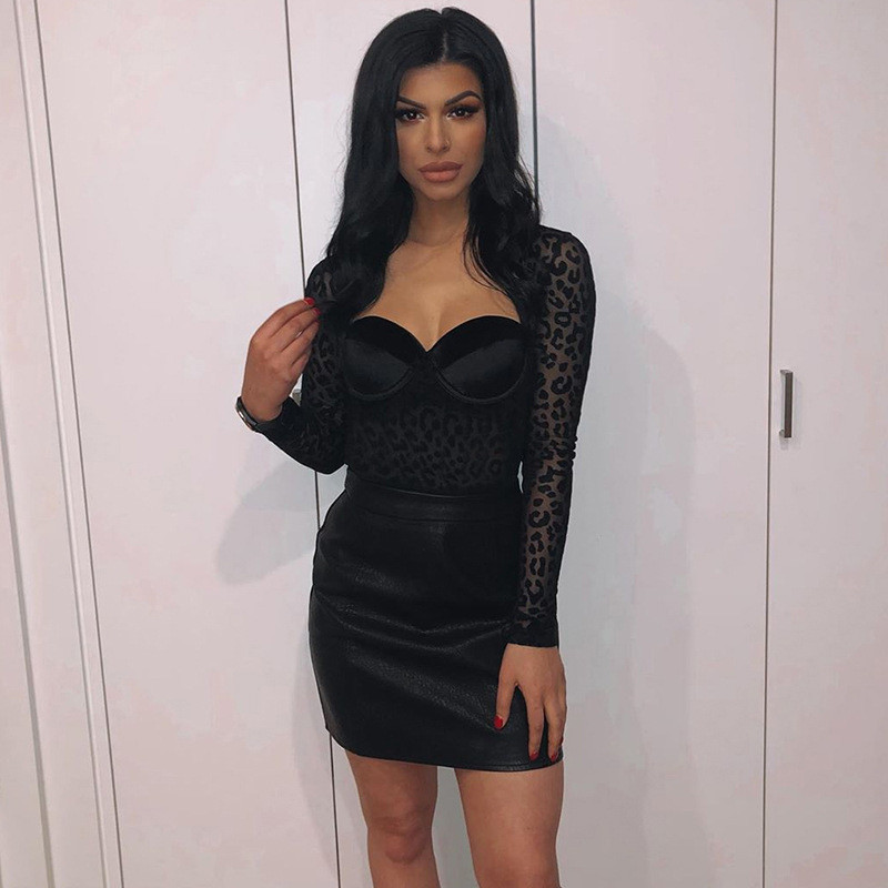 AVV 2019, toamnă, modă pentru femei, body sexy din plasă cu cusături leopard, pulover, guler pătrat, cu mânecă lungă, salopete scurte subțiri