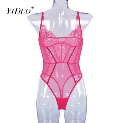 Body sexy roșu YiDuo pentru femei, dantelă, fitness, bodycon, salopete slabe, salopetă adâncă cu decolteu în V, body transparentă din plasă, ținute de club 2020