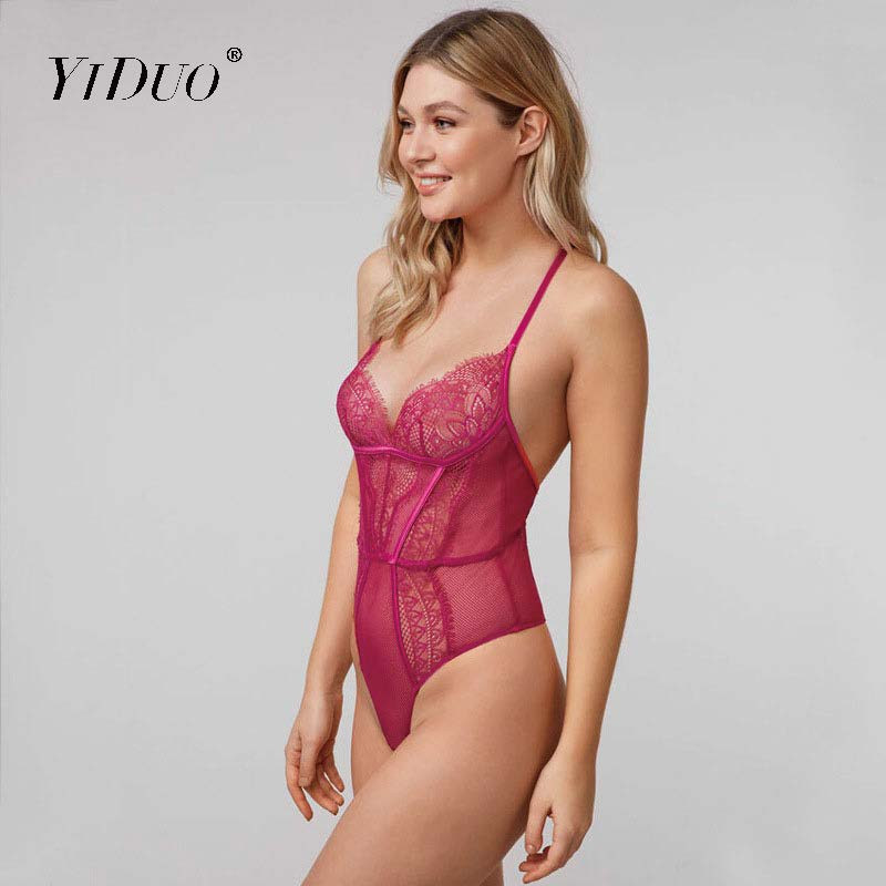 Body sexy roșu YiDuo pentru femei, dantelă, fitness, bodycon, salopete slabe, salopetă adâncă cu decolteu în V, body transparentă din plasă, ținute de club 2020
