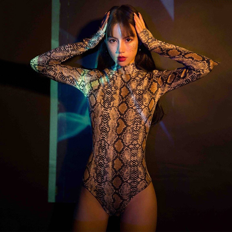 Ρούχα σκηνής για τραγουδιστές One Piece Snake Print Slim Fit Ψηλό γιακά Μακρυμάνικο Κορμάκι Νυχτερινό κλαμπ Pole Dance Wear DNV10699