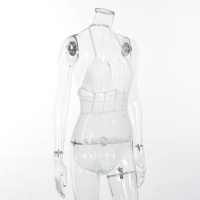 Body Mujer Γυναικείο Σέξι κορμάκι Διχτυωτό Δαντέλα See Though Straps Deep V Jumpsuit Halter Κρεμαστό λαιμό καρό Grid Erotic Club