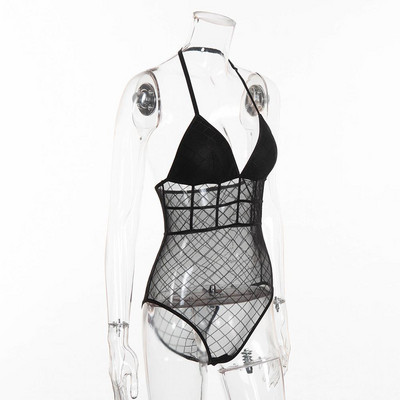 Body Mujer Γυναικείο Σέξι κορμάκι Διχτυωτό Δαντέλα See Though Straps Deep V Jumpsuit Halter Κρεμαστό λαιμό καρό Grid Erotic Club