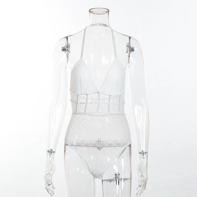 Body Mujer Γυναικείο Σέξι κορμάκι Διχτυωτό Δαντέλα See Though Straps Deep V Jumpsuit Halter Κρεμαστό λαιμό καρό Grid Erotic Club