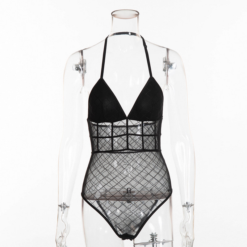 Body Mujer Γυναικείο Σέξι κορμάκι Διχτυωτό Δαντέλα See Though Straps Deep V Jumpsuit Halter Κρεμαστό λαιμό καρό Grid Erotic Club