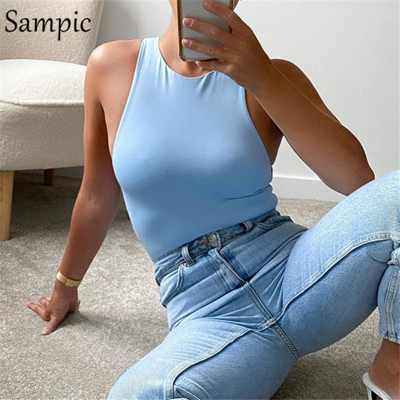 Sampic Summer Casual O-Gât Sexy Club Skinny Body Tops Kaki Negru Alb Scurt Bodycon Salopetă Body Body 2020